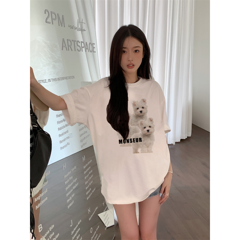 EUNII T-shirt Lengan Pendek Cartoon Monseur Dog Korean Style/Kaos Atasan Wanita/Baju Kaus Oversize Wanita/Kaos Wanita