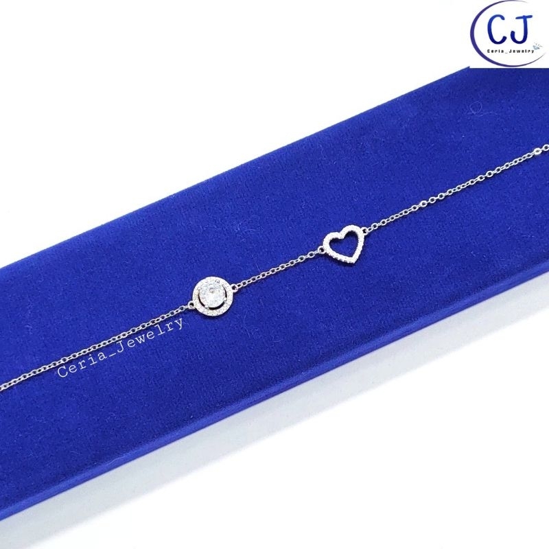 Gelang Tangan Wanita Perak Asli Silver 925 Lapis Emas Putih Model Fashion Korea Nori Polos Permata Model Diamond Variasi Love Permata - Perhiasan Perak Asli