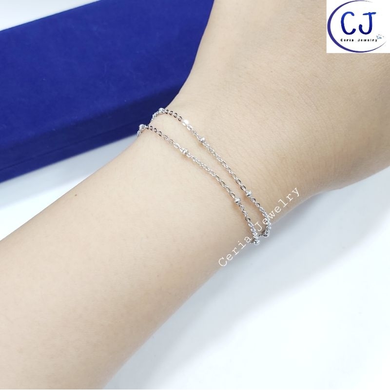 Gelang Tangan Wanita Perak Asli Silver 925 Lapis Emas Putih Model Rantai Jedar 2 Layer Krincing 1 - Perhiasan Perak Asli