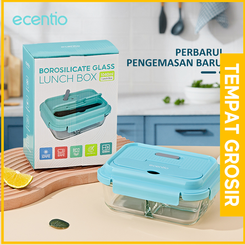 ecentio Kotak Makan set 3 Sekat kaca 1040ml tempat makan anak set Biru langi lunch box anti tumpah Free sendok set