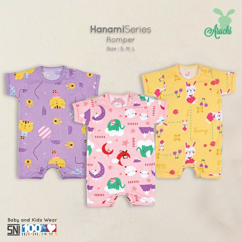 3pcs- aruchi ROMPER bayi 0-12 bulan motif bamboo,baloon series,Hunter ,bunny series terbaru/ baju Jumper segi empat / baju kodok aruchi/ baju terusan pendek romper aruchi