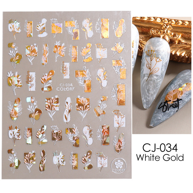 TAO Stiker Kuku Nail Art Sticker Flower Mix Gold &amp; White Foil Hologram semi3D series CJ