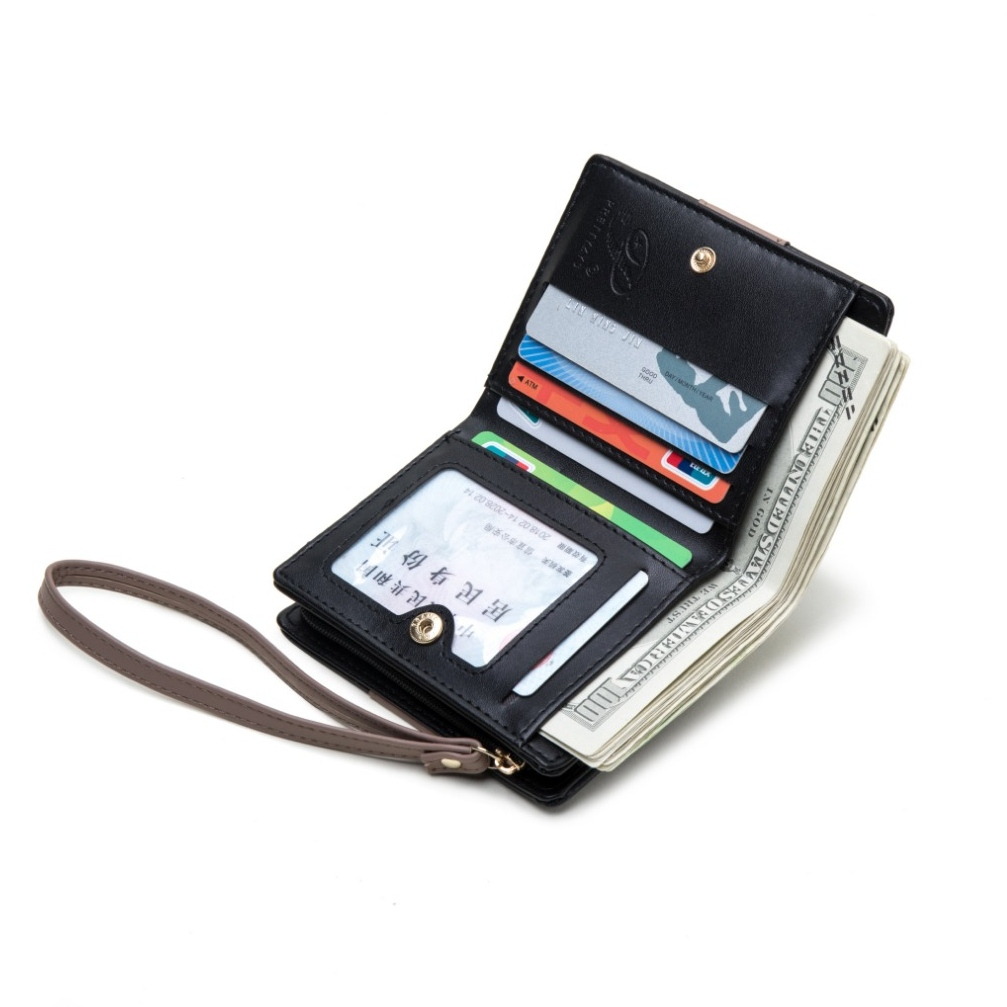 DOMPET LIPAT WANITA KOREA PRETTYZYS ORIGINAL MOTIF BUNGA TALI PENDEK LUCU KULIT HITAM CAMARIN WA712B5 MINI IMPORT RESLETING KOIN SLOT KARTU KEKINIAN CEWEK MURAH REMAJA BRANDED BATAM PREMIUM