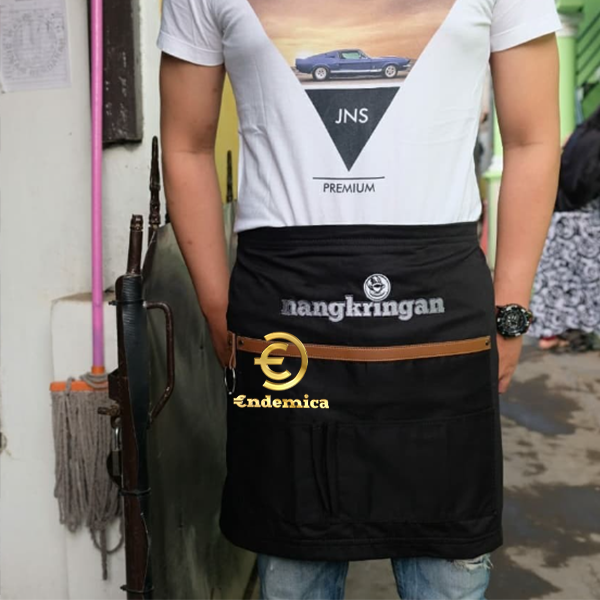 half apron waiteress/waiter celemek cafe full cotton &amp; syntheticl eather for server plus bordir