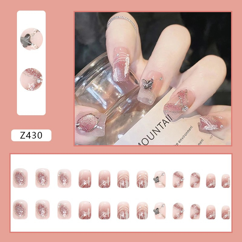 【 COD 】24PCS Kuku Palsu Dan Lem/Fake Nail Long Art 3D Kuku Palsu tahan air