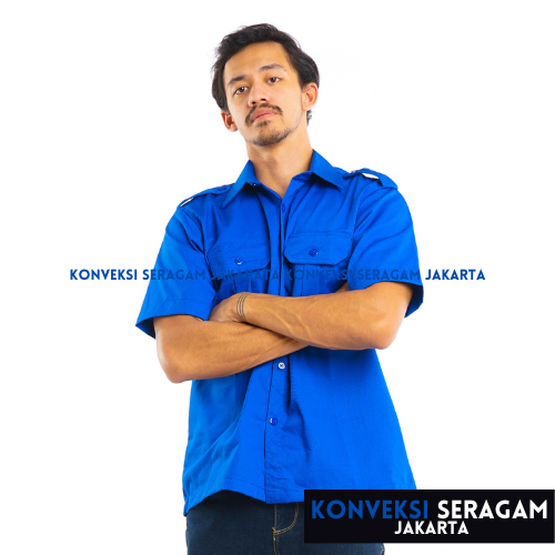 Baju Kemeja PDL Lengan Pendek Seragam Kerja Dinas Lapangan Outdoor Outdor Gunung Komunitas Custom Bordir Biru Pria Wanita