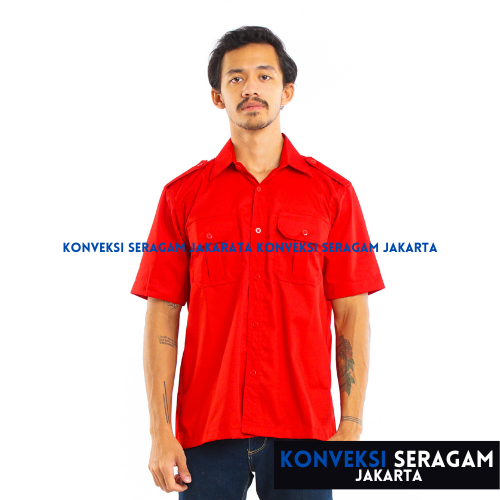 Baju Kemeja PDL Lengan Pendek Seragam Kerja Dinas Lapangan Outdoor Outdor Gunung Komunitas Custom Bordir Merah Pria Wanita