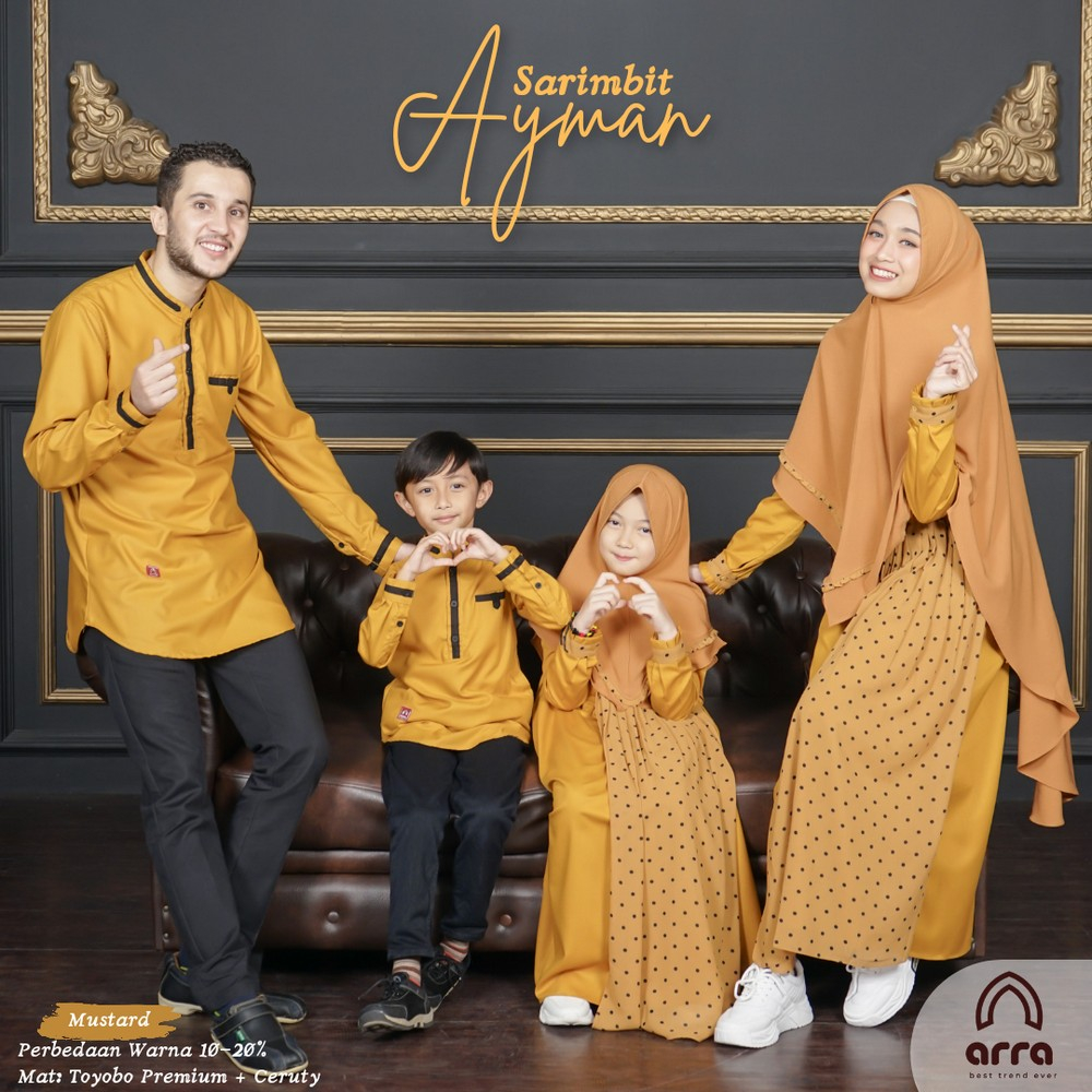 ORIGINAL ARRA Baju Muslim Gamis Sarimbit Keluarga Ayah Ibu Anak Series Ayman Warna Mustard Original Premium Pasangan Couple Busana Muslim Kapel Kondangan Model Terbaru 2023 Kekinian