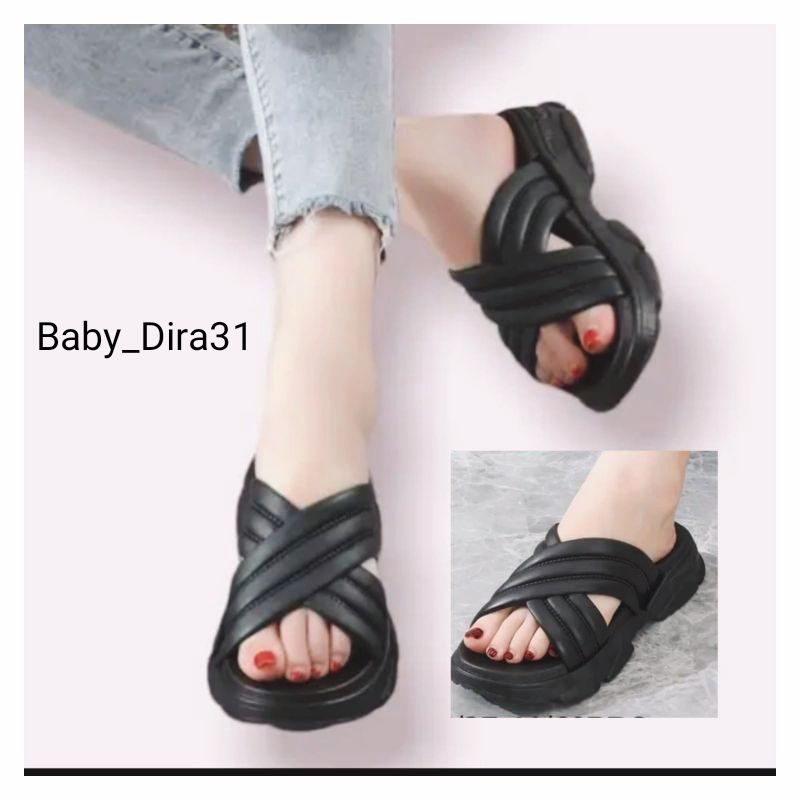 Sandal Wanita Selop Tali Silang Wedges Khusus Hitam/ Yt 9102-7