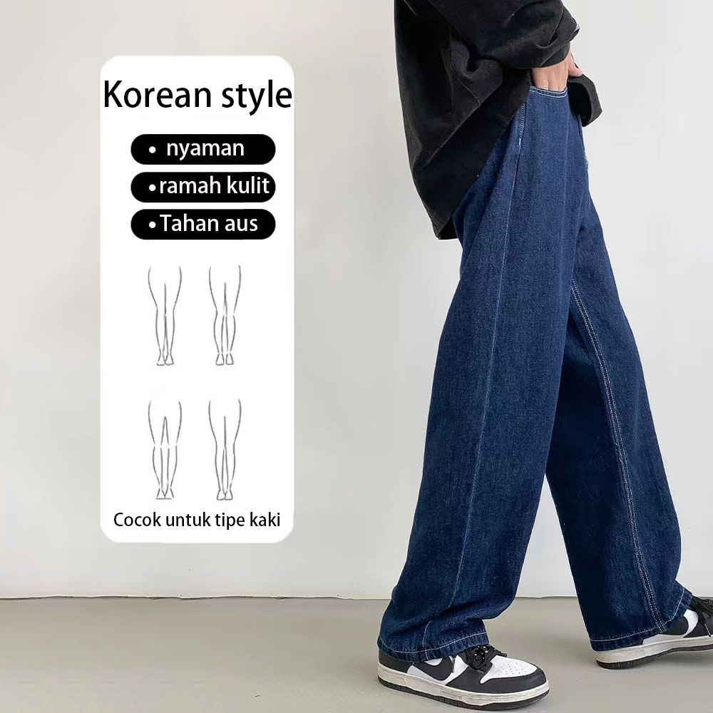 Celana jeans pria biru celana panjang jeans oversize baggy pants celana kulot korean style loose pants celana cowok highwaist jumbo celana anak laki laki