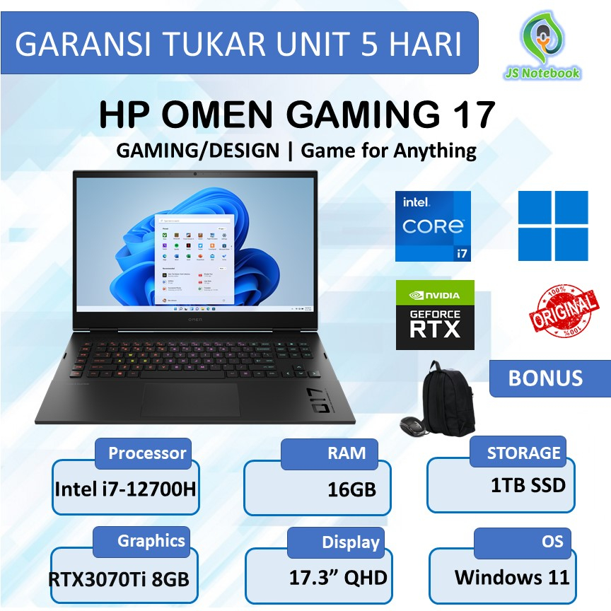 HP OMEN GAMING 17 RTX3070Ti 8GB i7-12700H 16GB 1TB SSD WIN11 17.3"QHD 165Hz