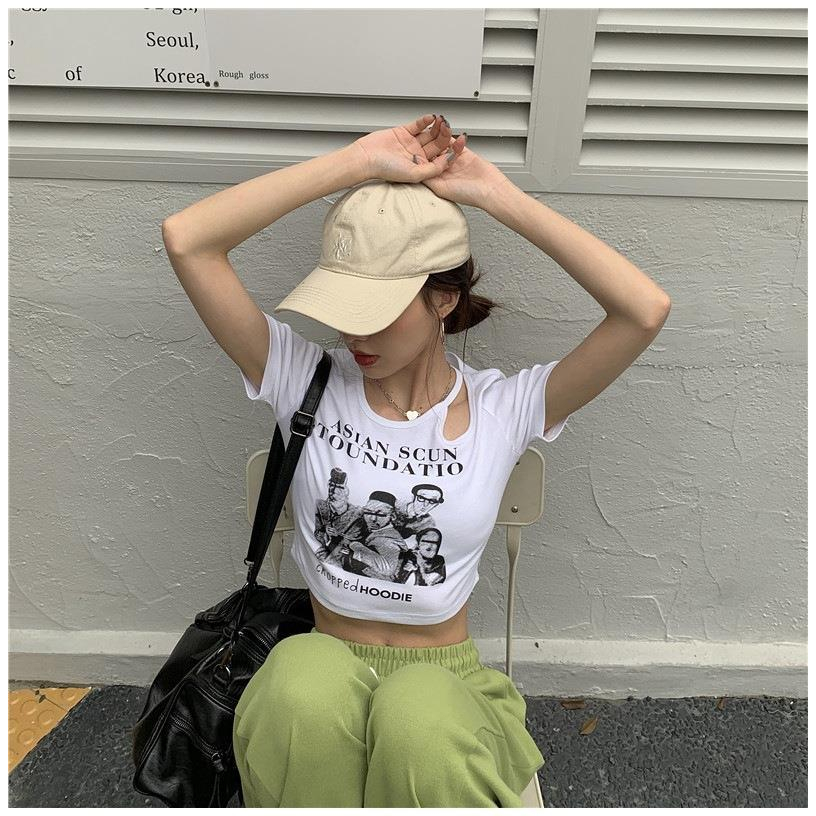 RSB BJ395 Korean Crop Top Asian Scun Atasan Lengan Pendek Kaos Berongga Sexy