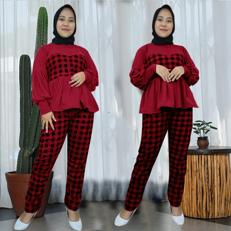 Pakaian Wanita Stelan Baju Lumbai Lengan Panjang Celana Slim Fit Tren Kekinian/Set Mona Kotak Allsize