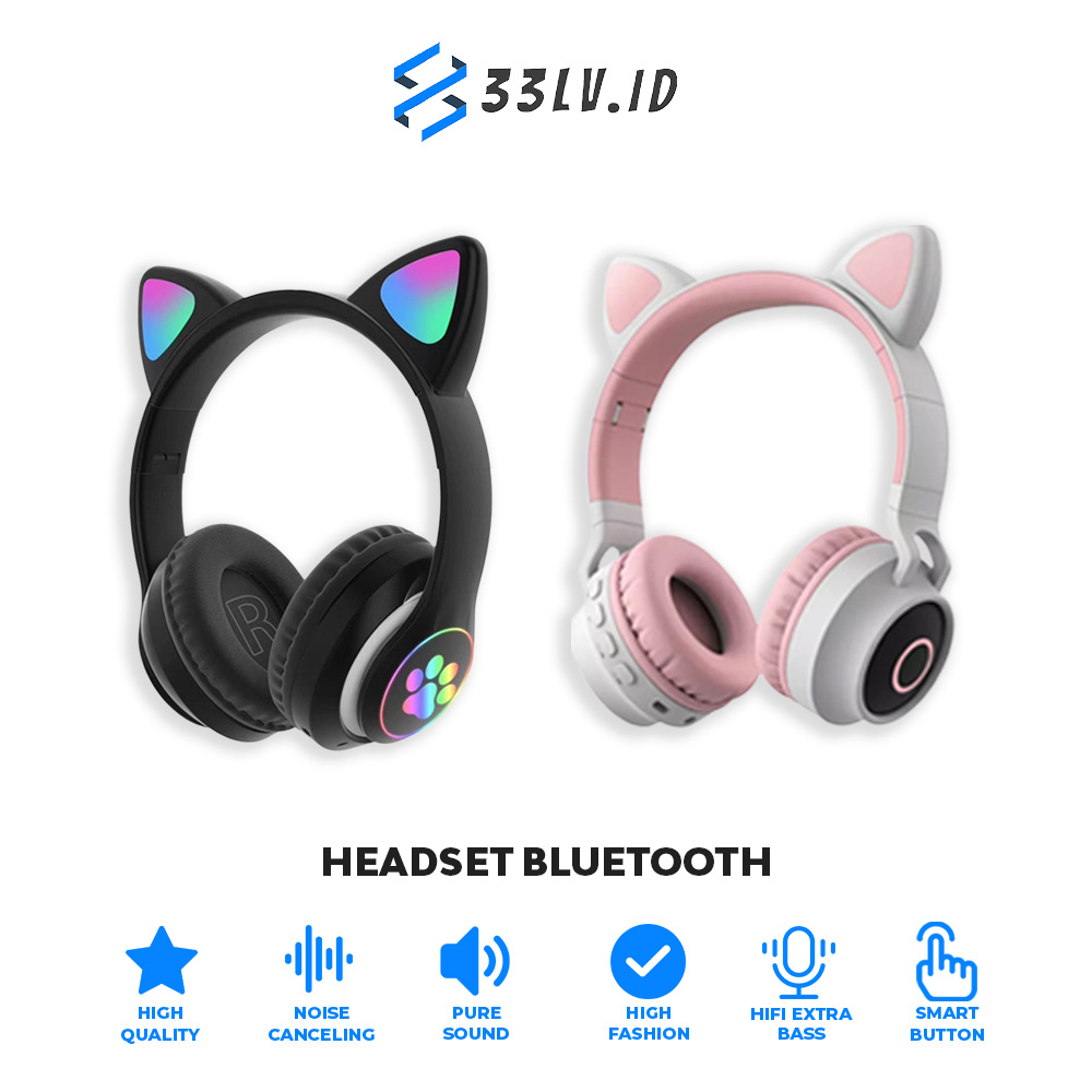 【33LV.ID】2MODEL Headphone bluetooth model telinga kucing lampu led wireless stereo bass BT028C/STN 28