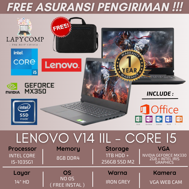 LAPTOP LENOVO V14-IIL INTEL CORE i5-1035G1 DUAL NVIDIA MX330 2GB RAM 8GB HDD 1TB+256GB SSD 14&quot; MURAH