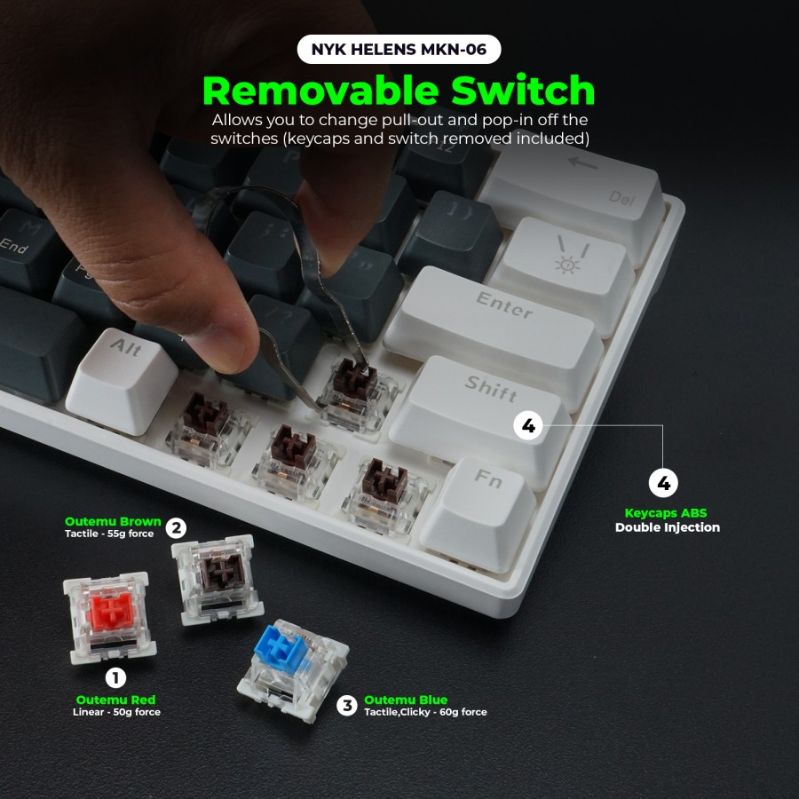Keyboard Mechanical 63 Keys Removable HELENS MKN-06 NYK Nemesis - White-Grey, Bluebrane With Holder