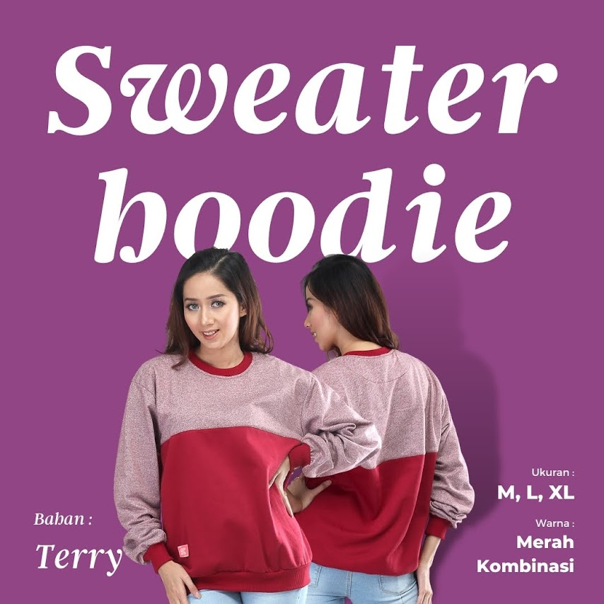 KUZATURA Sweater Crewneck Wanita Oversize Combination Color Merah Maroon Pink Model Korean Style Sweatshirt Oblong Terbaru Bahan Fleece Tebal Dan Lembut Kualitas Import Original 2023