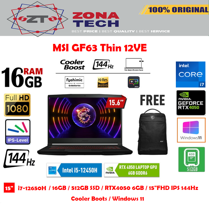 MSI GF63 THIN 12VE - i7-12650H 16GB 512GB SSD RTX4050 6GB 15,6&quot;FHD IPS Win11