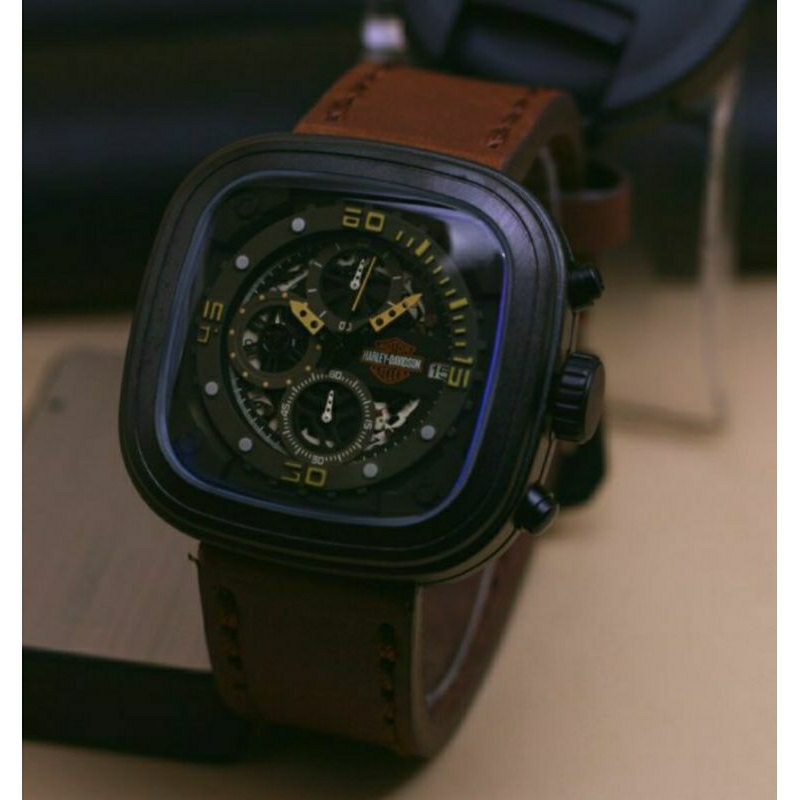 Jam Tangan Pria Harley Davidson Cronograp Tali Kulit - Jam Tangan Harley Davidson Crono Aktif