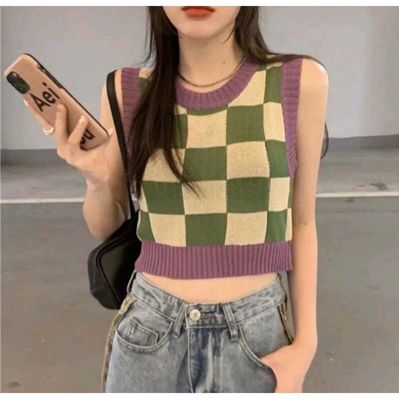 ROMPI || VEST RAJUT WANITA kotak-kotak