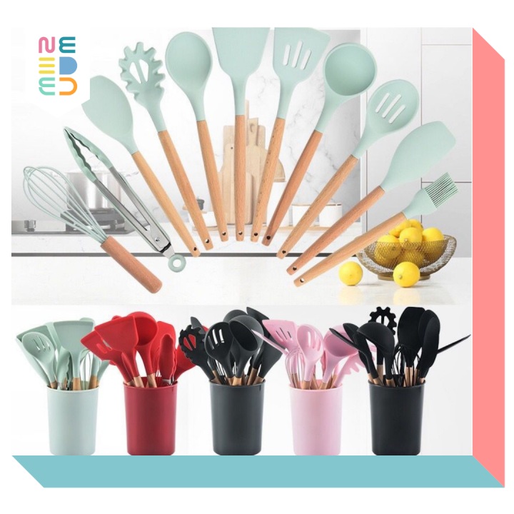 Spatula Set Silikon 12 pcs Tahan Panas Spatula Silicone Warna Putih Premium Silicone Kitchen Utensil Set