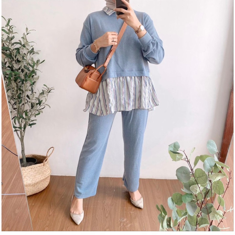 setelan salur kombinasi kaos knit setcel wanita kaos knit