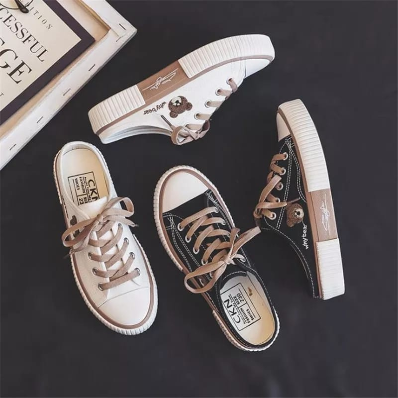 Sepatu Selop Wanita Import kekinian terbaru Bordir Beruang BEAR  -  Sepatu Sneakers slip on Nyaman I