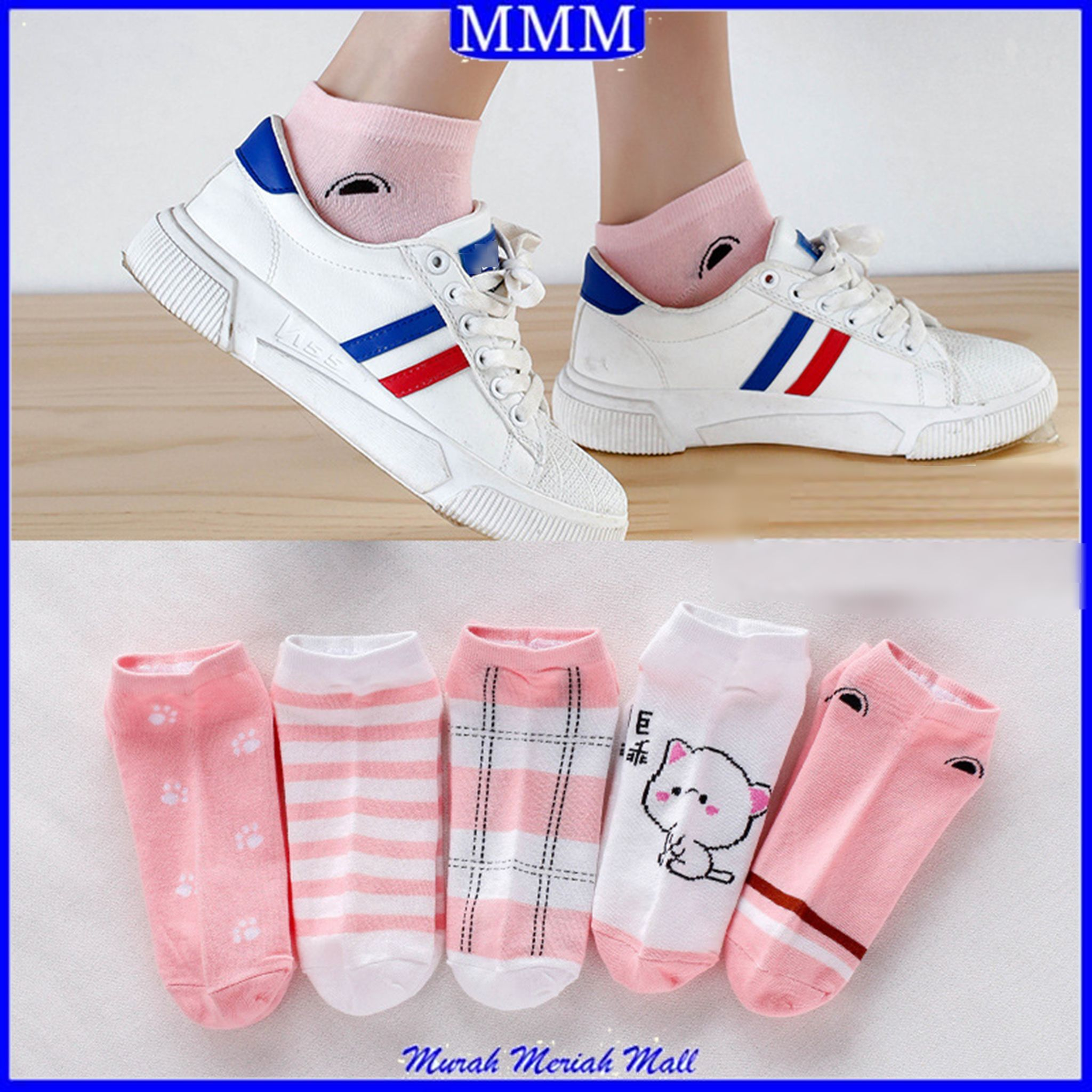 MMM Kaos Kaki Wanita Pendek Semata Kaki 6775 Kaus Kaki Pendek Motif Kartun Kucing Lucu Pink Cat Meow Sarung Kaki Pendek Wanita Ankle Socks Fashion Korea Women Sock Import Murah