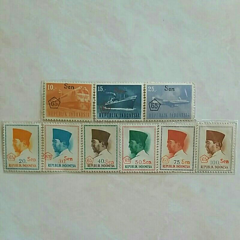 

(AB) Perangko Indonesia 1965 Cetak Tindih '65 dan Sen Set Lengkap 9pcs Mint