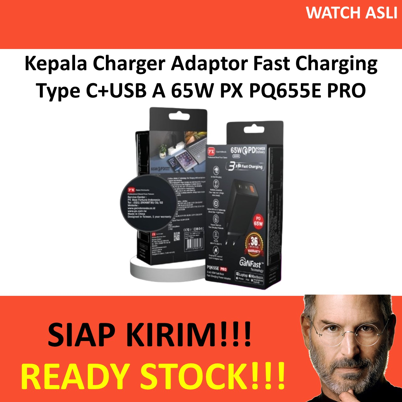 Kepala Charger Adaptor Fast Charging Type C+USB A 65W PX PQ655E PRO