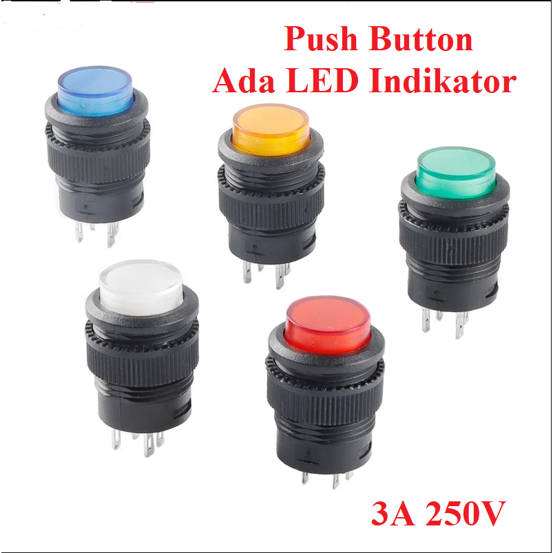 TOMBOL Saklar Toggle SWITCH LED PUSH BUTTON PUSH ON R16-503BD 16MM