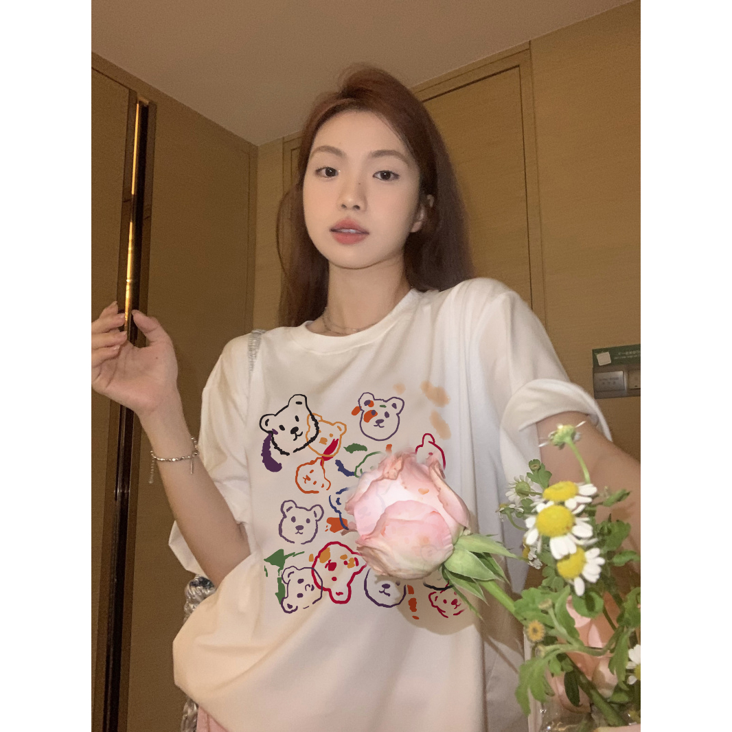 EUNII T-shirt Lengan Pendek Cartoon Graffiti Bear Korean Style/Kaos Atasan Wanita/Baju Kaus Oversize Wanita/Kaos Wanita