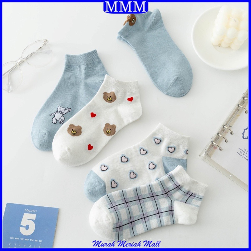 MMM Kaos Kaki Wanita Kode 6772 Kaoskaki Wanita Motif Bear Love Biru Kaos Kaki Pendek Ankle Socks Import Lucu Model Korea