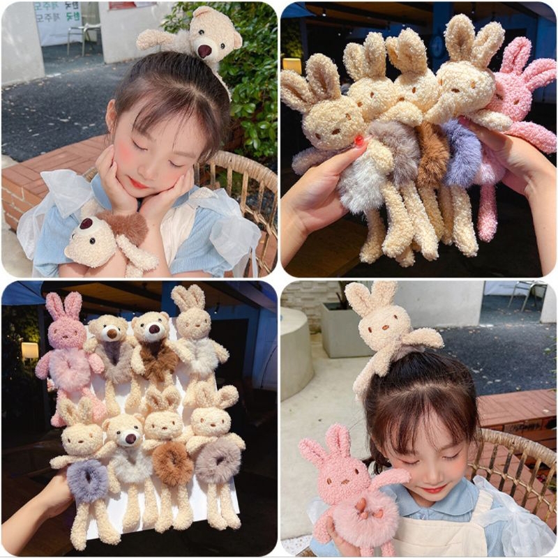 Ikat Rambut Scrunchie Bulu Korea Plush Bear Fluffy Faux Fur Ball Scrunchies Ikat Rambut Korea Boneka Beruang