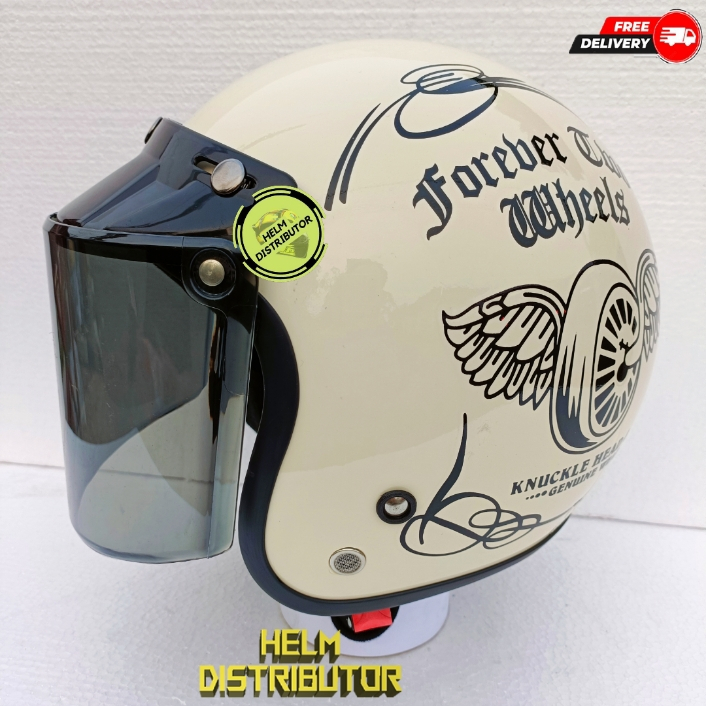 HELM BOGO RETRO MOTIF TWO WHEELS DEWASA KACA DATAR HITAM/BENING/SILVER/PELANGI PRIA WANITA COD