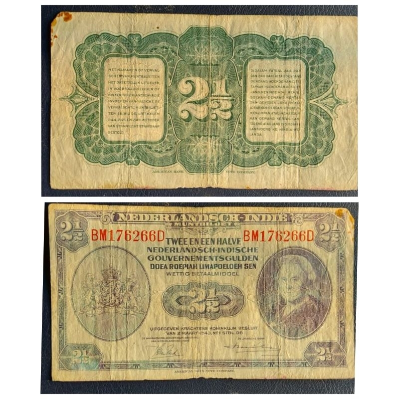 Uang Kuno Negara Indonesia Series NICA nominal 2 1/2 Gulden 1943 Kondisi VF Bagus Renyah Dijamin Ori