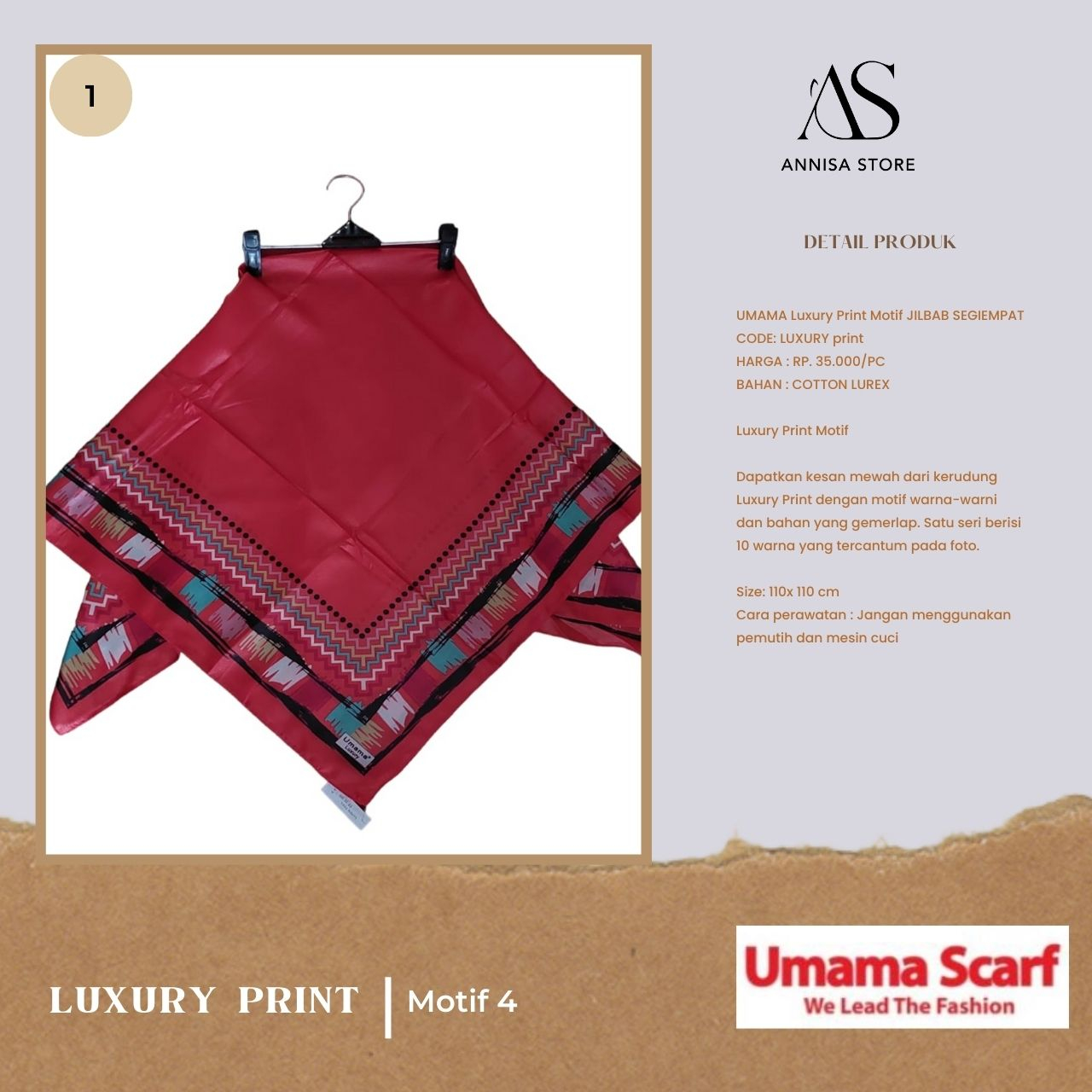 HIJAB SEGI EMPAT UMAMA LUXURY PRINT MOTIF 4 MERAH / UMAMA SCRAF JILBAB SEGIEMPAT MODEL LUXURY PRINT 