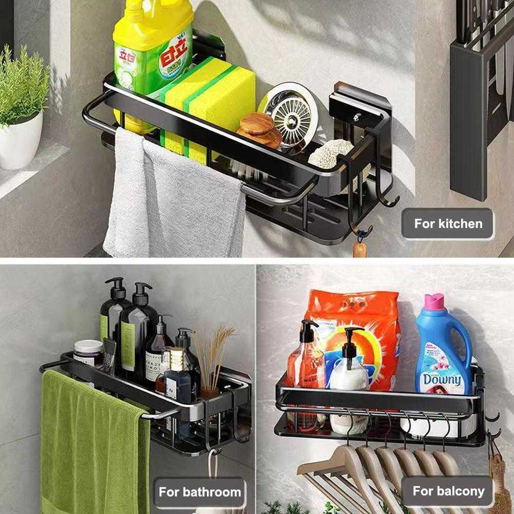 Rak Dinding Serbaguna Dapur Sink Bak Cuci Piring Wastafel Kamar Mandi Tempel Besi Aluminium Hitam Anti Air dan Karat