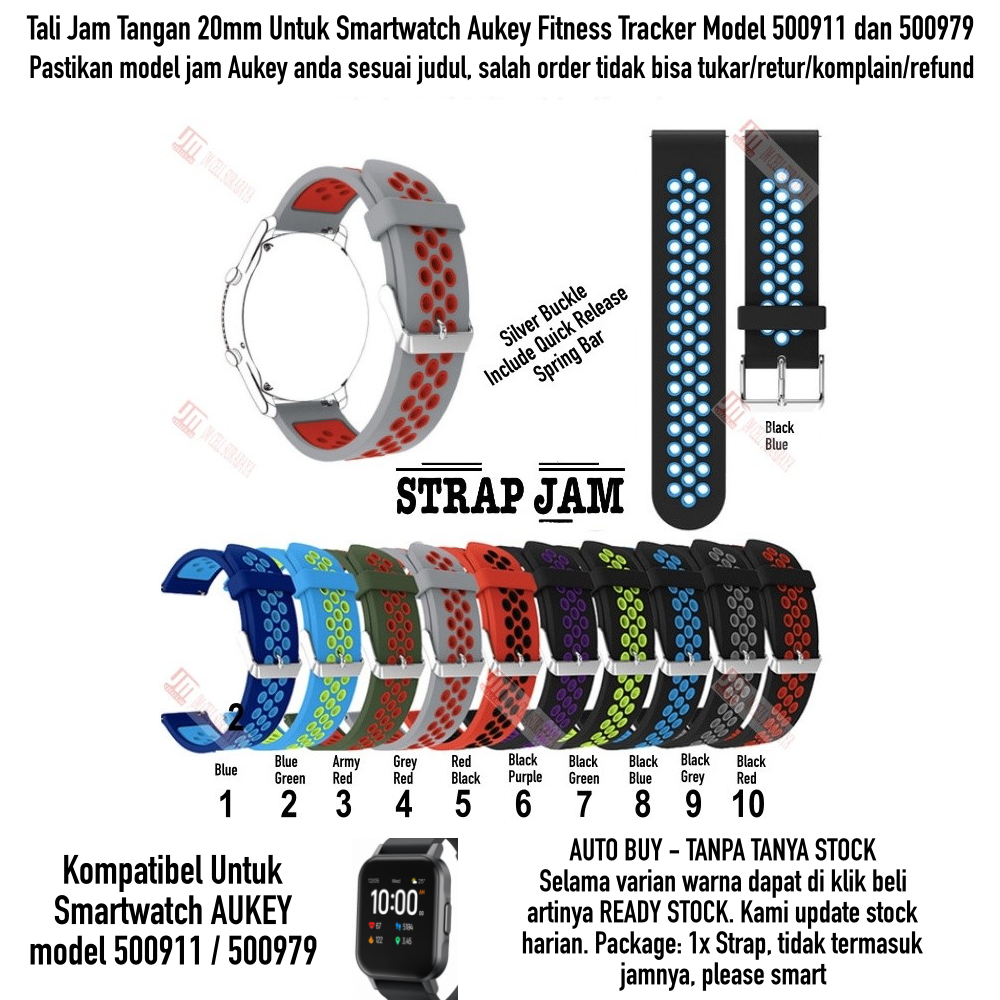 NSB Tali Jam Aukey Model 500911 / 500979 - Strap 20mm Silikon Silver Buckle Sporty