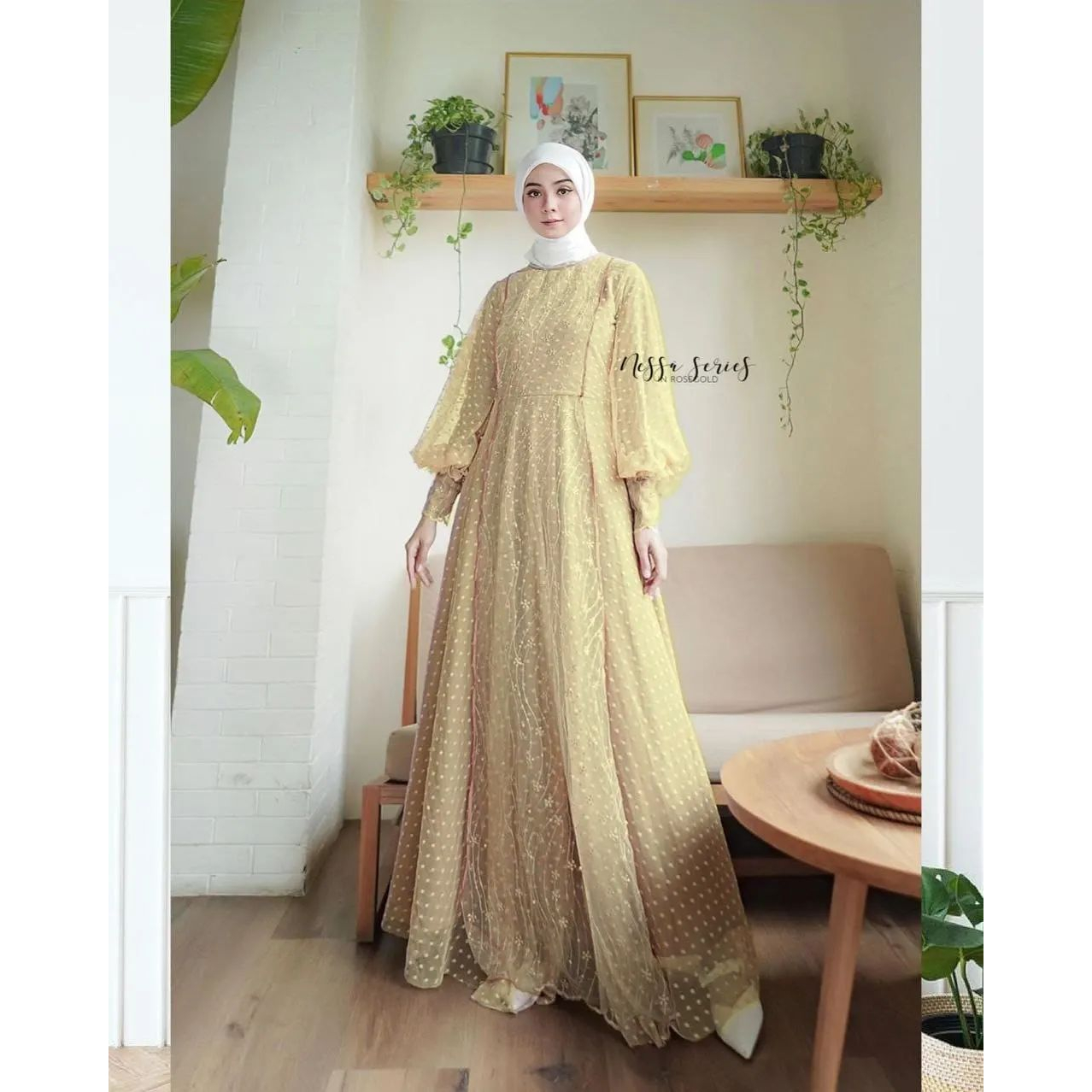 Gamis nesa dress bahan mix brukat tulle premium / busui / resleting depan original