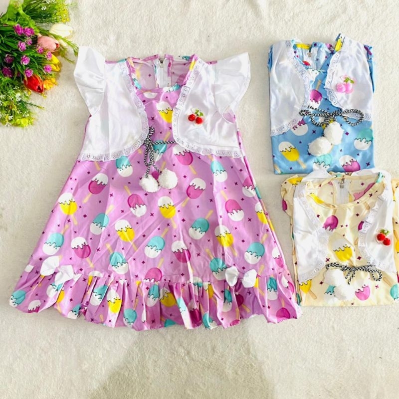 Dress Anak 1 2 Tahun Anak Cewek Perempuan motif ice cream lucu kekinian pompom ropi terbaru viral ( Dress Romcer )