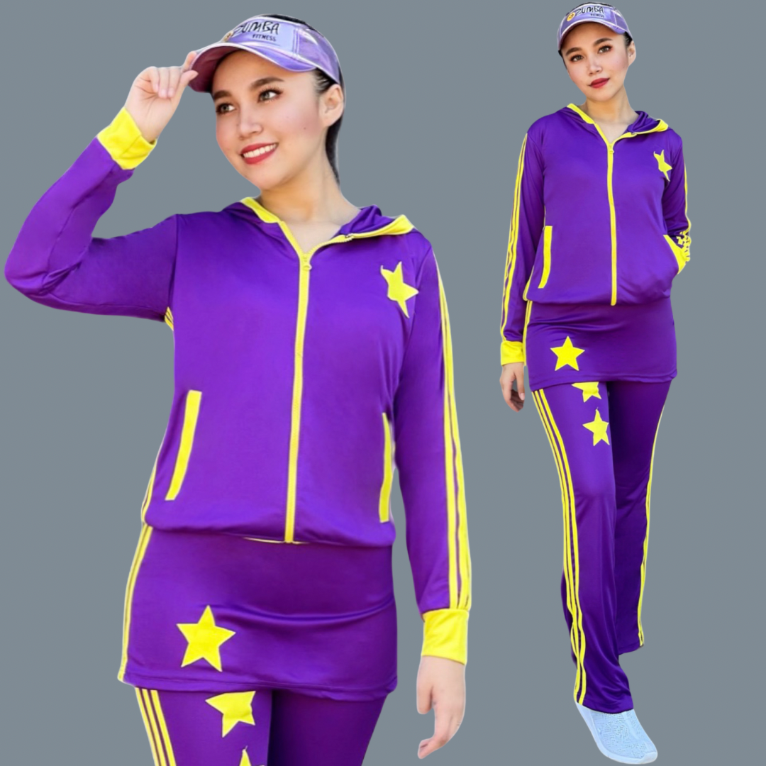 Baju Senam Setelan Lapangan Olahraga Panjang Muslim Hijab Cycling Rok Ungu Kuning