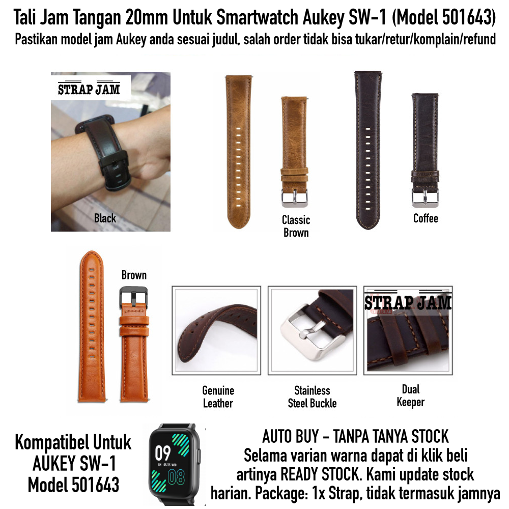 Tali Jam Untuk Aukey SW-1 SW1 501643 - Strap 20mm Genuine Leather Kulit Premium