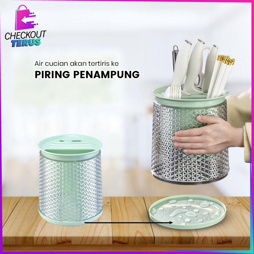 CT C854 Rak Putar 360° Estetik Tempat Sendok Garpu Sumpit Pisau Wadah Penyimpanan Peralatan Dapur Cutlery Holder dengan Tirisan