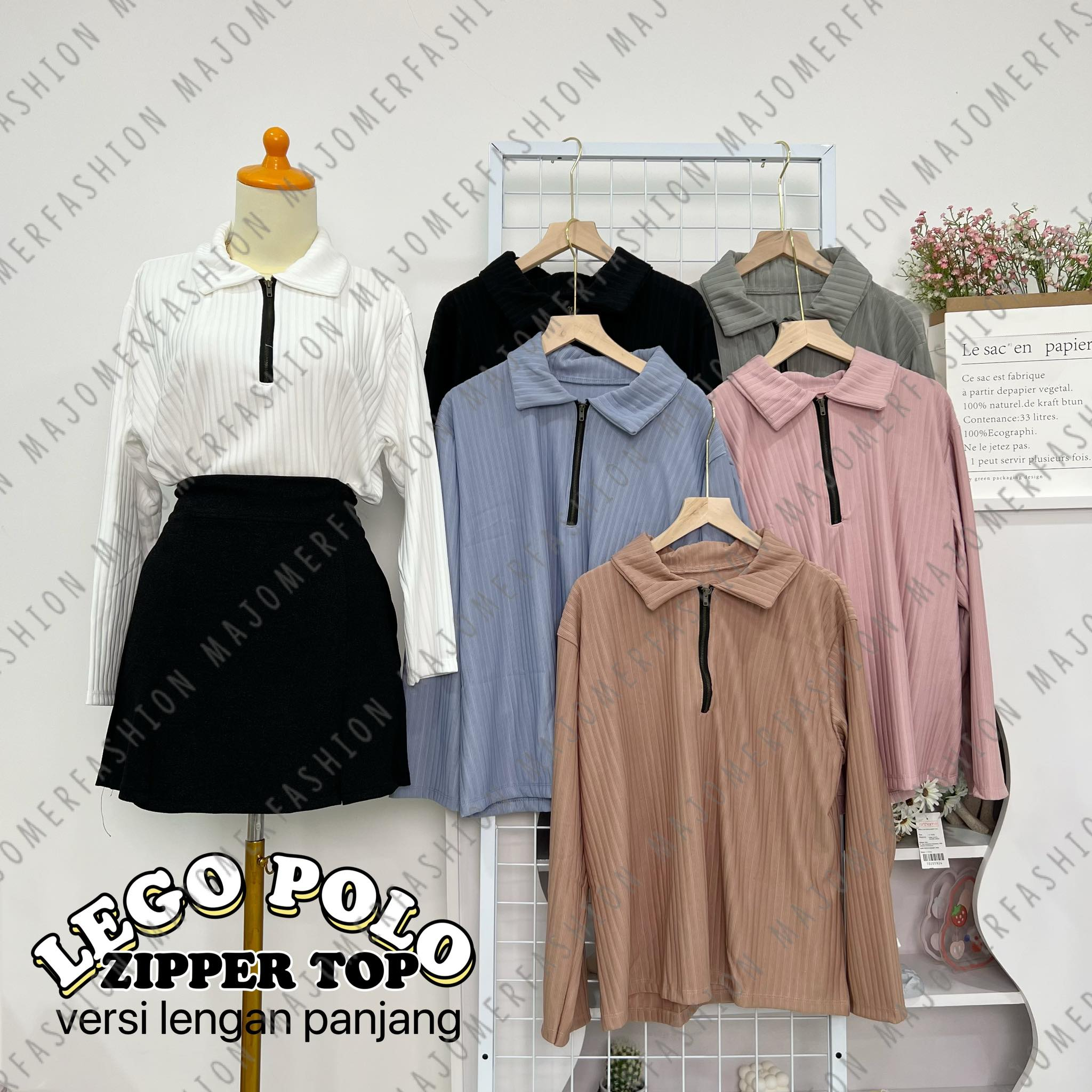 Majomer | Lego Polo Zipper Lengan Panjang Top - Atasan Wanita Kaos Polo