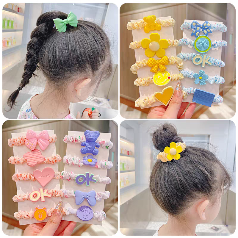 (Hallo Girl)F236 Ikat Rambut Anak 5 IN 1 Ikat Rambut Motif Dot Pita Bunga Import