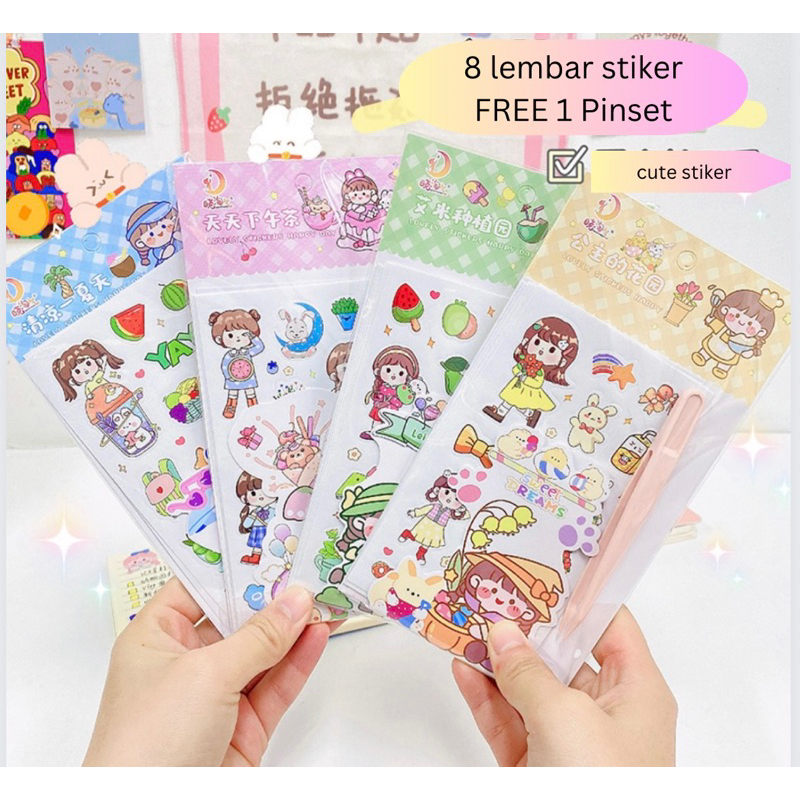 

8 lembar cute stiker/kawaii stiker free pinset/tweezers stiker MOMO girl kekinian estetik dekor DIY jurnal book diary book