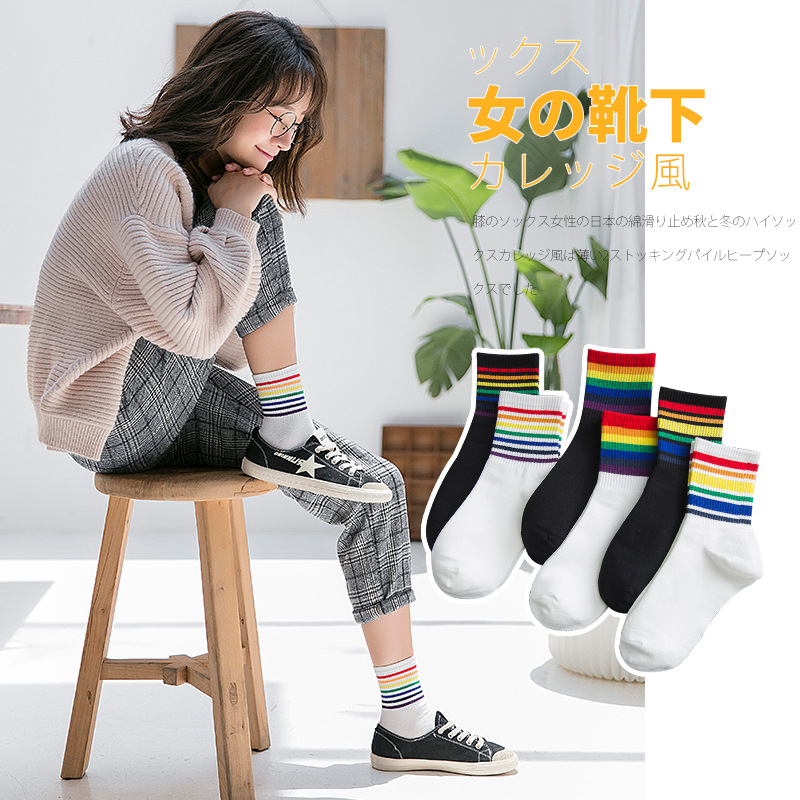 KMK-04 KAOS KAKI PELANGI wanita cotton tebal olahraga casual strip rainbow socks import jepang