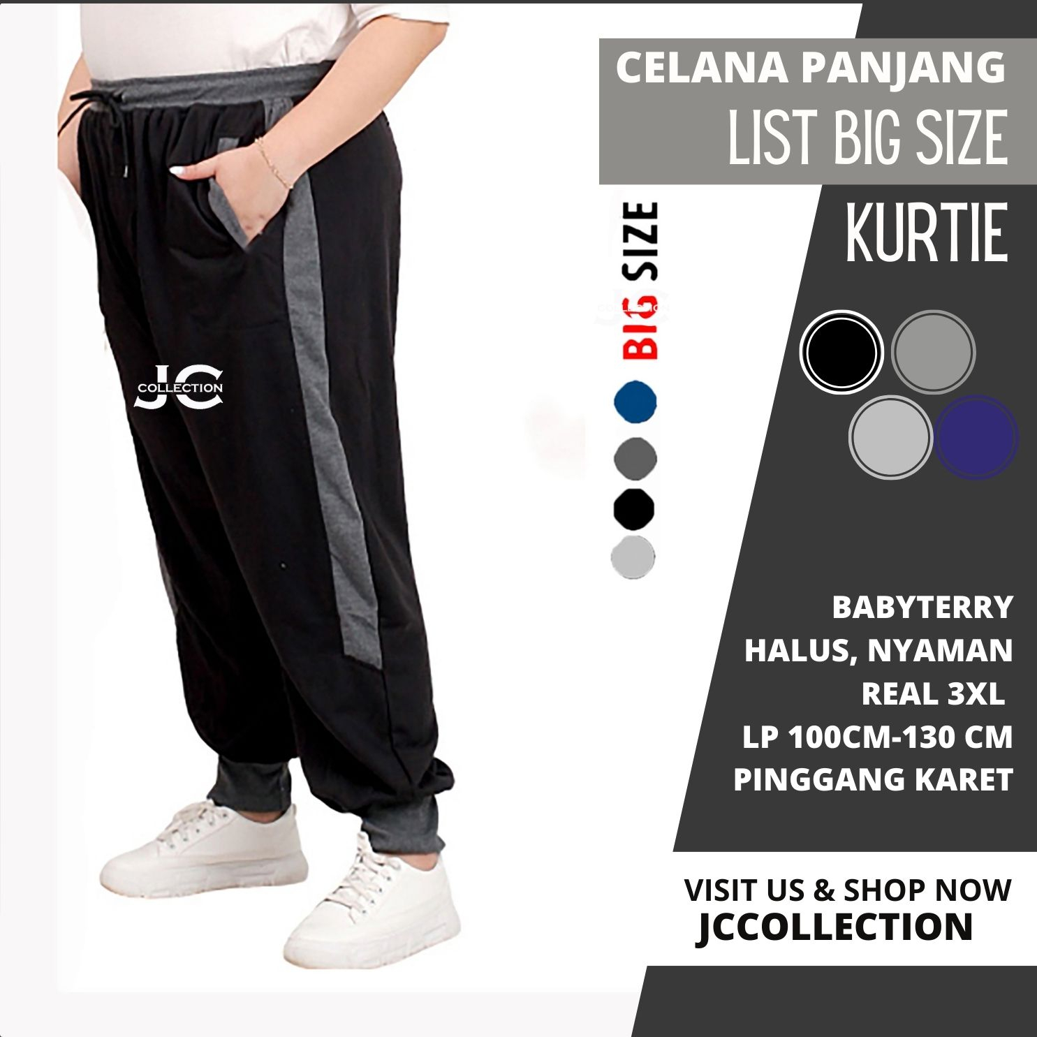 Celana Panjang Wanita Jumbo 3XL Variasi List / Celana Jogger Wanita Big Size XXXL - CURTIE - JCCollections