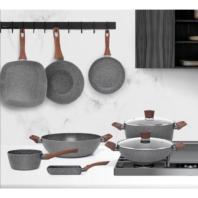 Marble Set Cypruz FryPan 18cm Sauce Pan 18cm Wok 28cm + Tutup Kaca